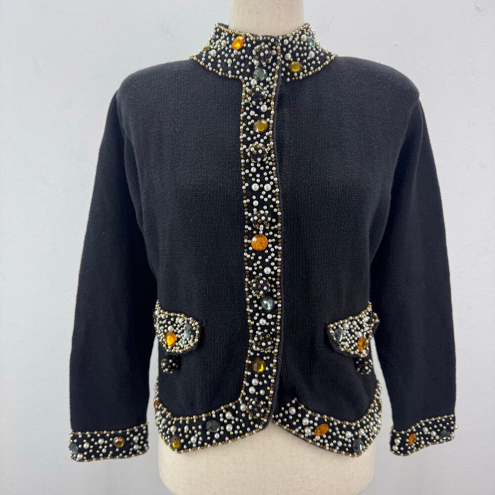 VTG Lisa Nichols Black Knit Jewels Cardigan Sweater Beaded Ramie Cotton Glams M
